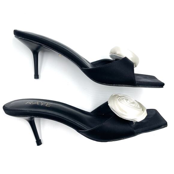 Raye Rosette Mules Black White Sandals Kitten Heels Square Toe Floral Sz 6.5 - Picture 4 of 10
